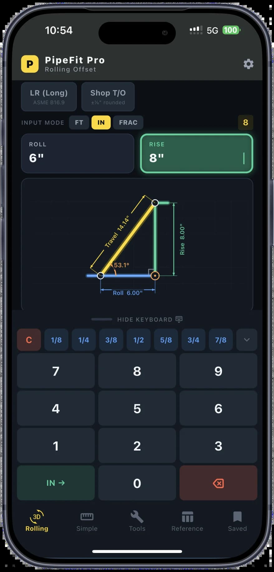 PipeFit Pro Rolling Offset Calculator with live diagram